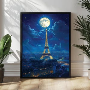 Paris Nachtansicht Poster, Eiffelturm beleuchtet in goldenen Lichtern Wandkunst, himmlische Paris Kunstdruck, romantisches Paris Home Office Dekor
