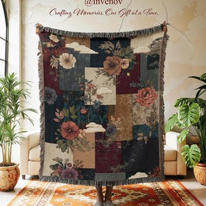 May include: A patchwork throw blanket with floral and cloud designs in shades of burgundy, navy, and tan. The blanket has a fringed edge and the text "@invenov Crafting Memories, One Gift at a Time."