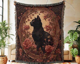 Couverture tissée chat noir rose, tapisserie murale gothique de style vintage, décoration de style victorien, 100 % coton