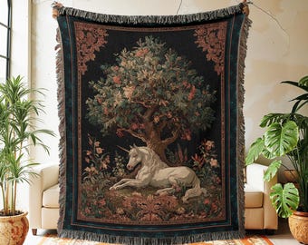 Unicorn Woven Throw Blanket, Medieval Tapestry Fringe Blanket, Mystical Fantasy Forest Couch Throw, Dark Cottagecore Home Decor Gift