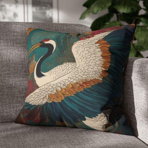 Elegant Crane Wings Pillow Case, Asian Art Print Design, Teal Green Home Decor, Boho Artistic Living Room Statement Cushion Cover