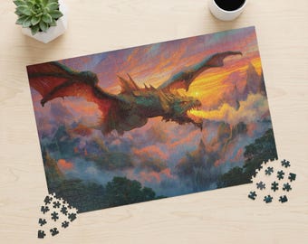 Epic Fire Breathing Dragon Jigsaw Puzzle, Fantasy Art Puzzle