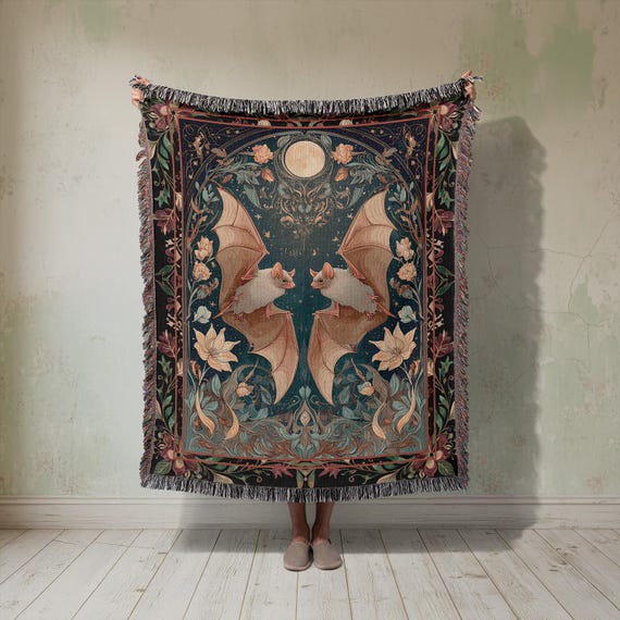 Bat Woven Blanket, Gothic Tapestry, Celestial Wall Hanging, Witchy Moody Botanical Art Jacquard Throw, Dark Academia Whimsigoth Wedding Gift