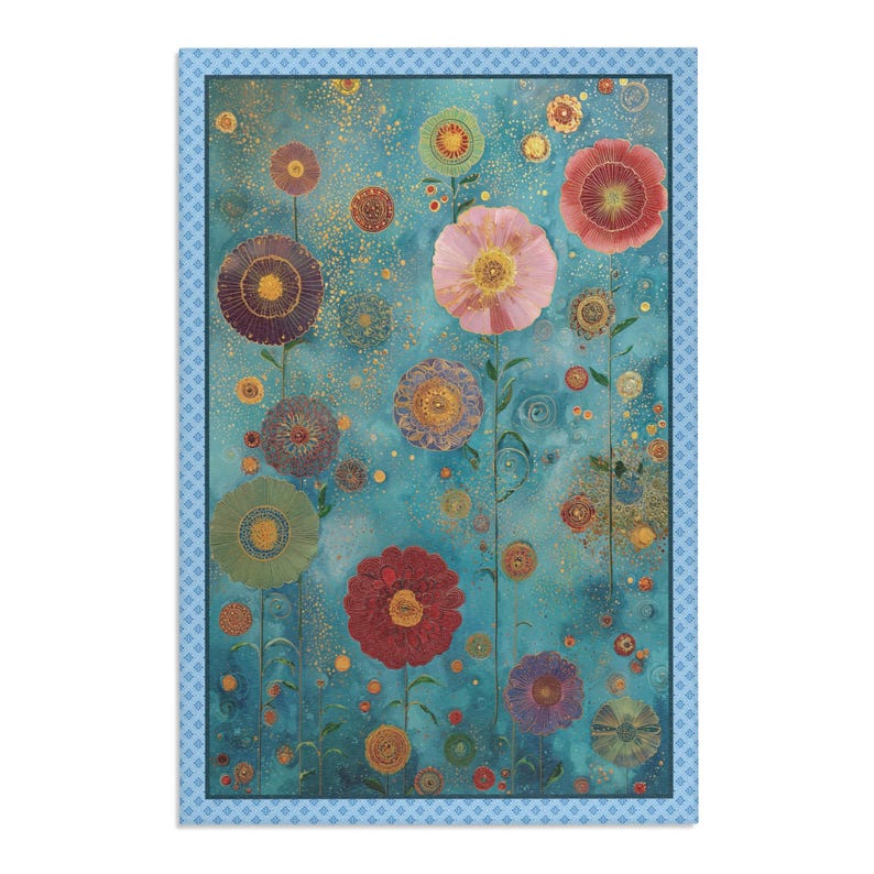 May include: An artistic floral print on a rectangular canvas. The artwork features colorful flowers in shades of red, pink, purple, and green against a turquoise background. A blue patterned border frames the image.