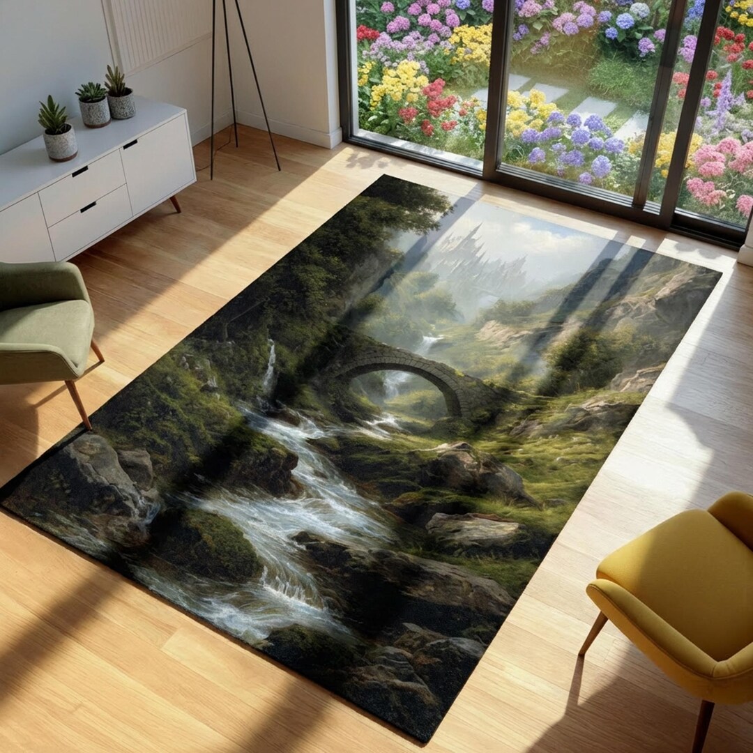 Fantasy Castle Landscape Area Rug, Enchanted Forest Stone Bridge River ...