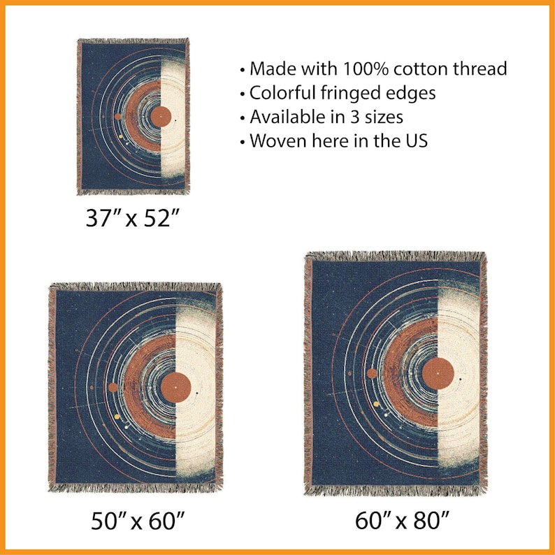 May include: Woven cotton throw blankets in three sizes: 94cm x 132cm, 127cm x 152cm, and 152cm x 203cm. Each blanket features a celestial design in navy, cream, and rust colours, with fringed edges. Made with 100% cotton thread.