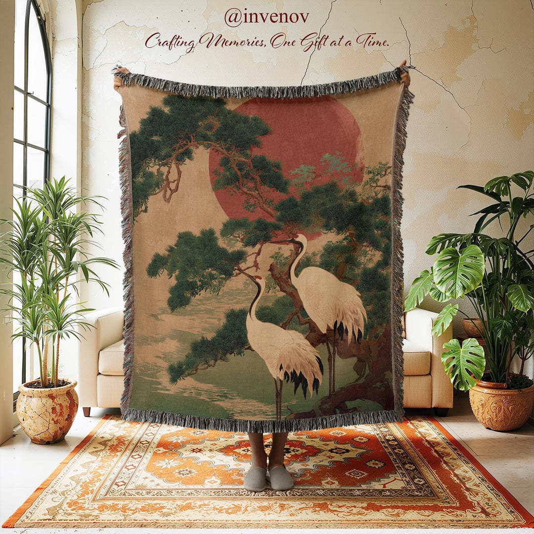 Japanese Pattern Throw Japanese Crane Woven Blanket, Red Sun Pine Tree Throw, Vintage Ukiyo-e ...