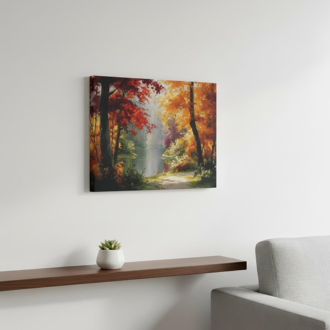 Autumn Forest Canvas Wall Art, Fall Foliage Painting, Red Tree River ...