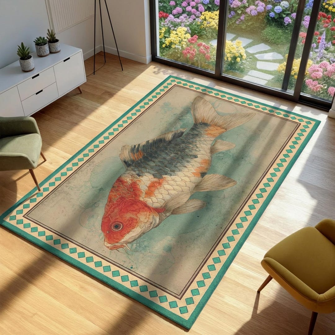 Koi Fish Area Rug, Vintage Style Japanese Carp Carpet, Teal Geometric ...