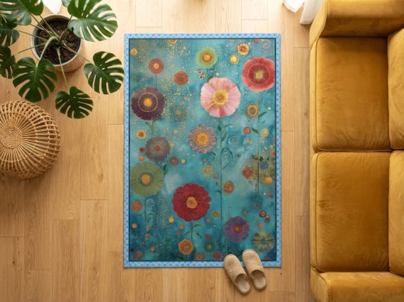 Klimt Inspired Floral Area Rug, Transformative Teal Maximalist Decor, Whimsigoth Flower Carpet, Boho Art Nouveau Rug for Living Room, Gift