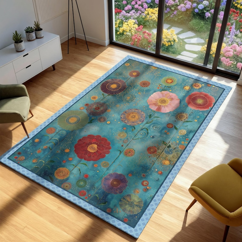 May include: A rectangular area rug with a floral design. The rug features large, colorful flowers in shades of red, pink, purple, and yellow against a turquoise background. The rug has a patterned border and is placed on a wooden floor.