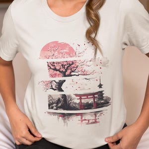 Japanese Cherry Blossom Shirt, Travel Japan Shirt, Elegant Japan Lover Shirt, Japan Torii Gate Shirt, Sumi-e Style, Artistic Fashion
