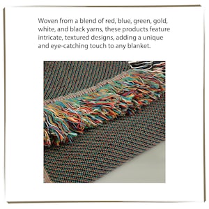 May include: Close-up of a woven blanket with red, blue, green, gold, white, and black yarns. The blanket has intricate, textured designs and a colourful fringe.