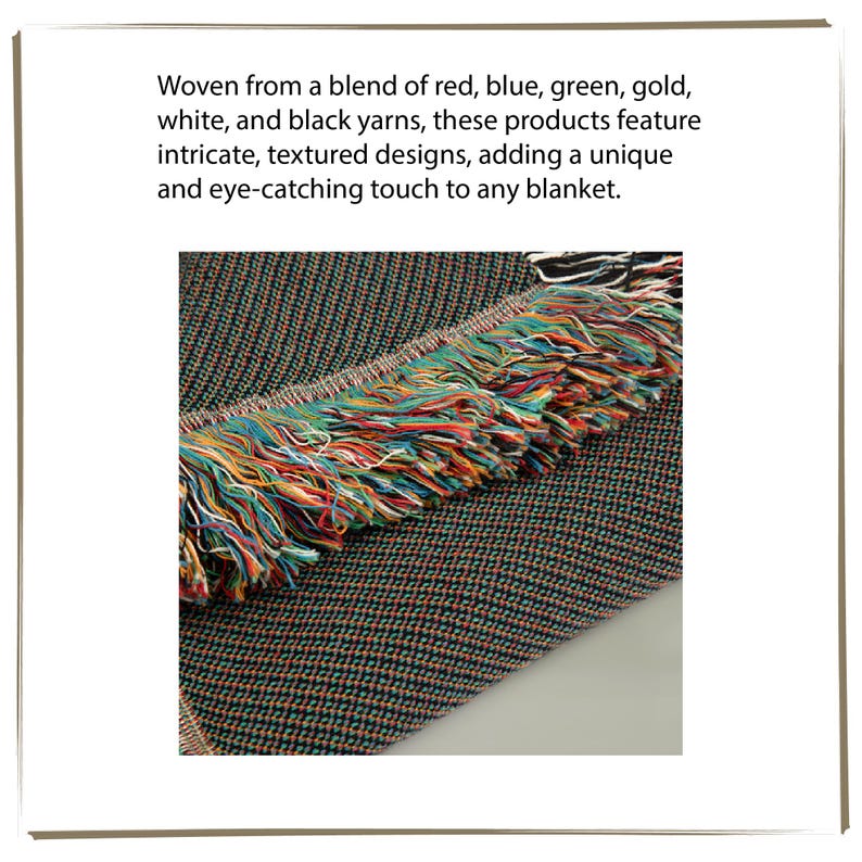 May include: Close-up of a woven blanket with red, blue, green, gold, white, and black yarns. The blanket has intricate, textured designs and a colourful fringe.