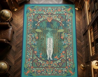 White Tiger Jungle Area Rug, Teal Tropical Bamboo Floor Mat, Art Nouveau Botanical Decor, Maximalist Animal Carpet, Boho Statement Piece
