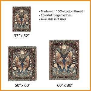 May include: Tapestry blankets with a bat and floral design, available in three sizes: 37" x 52", 50" x 60", and 60" x 80". Made with 100% cotton thread and featuring colorful fringed edges. The blankets have a dark color palette with a central bat motif.