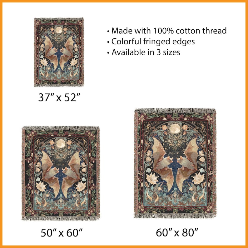 May include: Tapestry blankets with a bat and floral design, available in three sizes: 37" x 52", 50" x 60", and 60" x 80". Made with 100% cotton thread and featuring colorful fringed edges. The blankets have a dark color palette with a central bat motif.