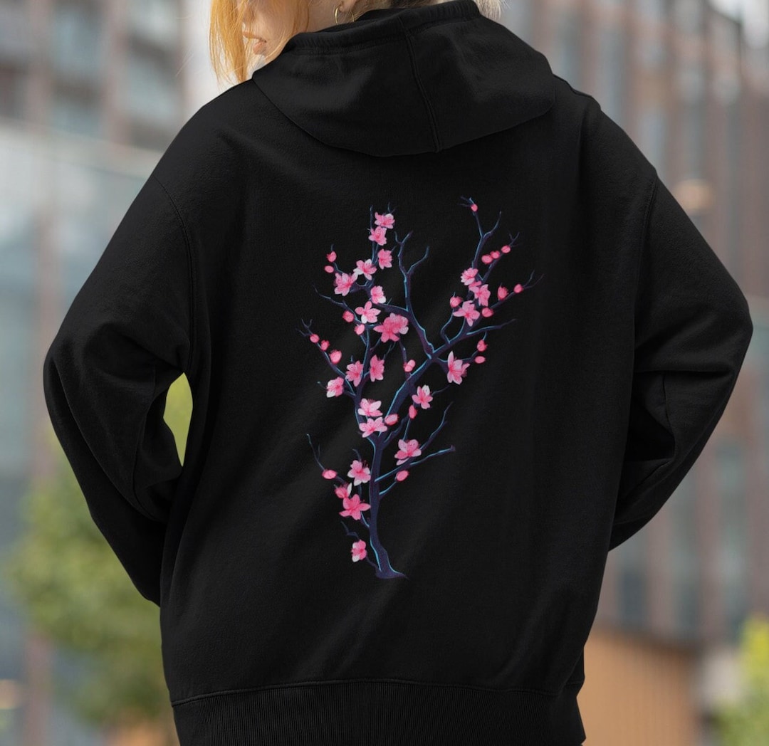 Cherry Blossom Back Hoodie, Minimalist Sakura Floral Sweatshirt