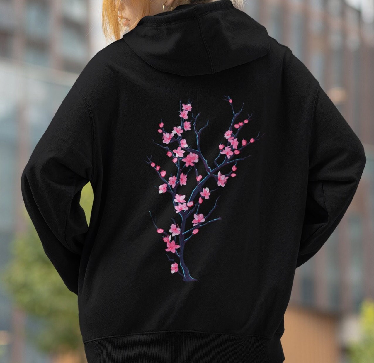 Japanese Cherry Blossom Hoodie, Neon Sakura Flower Sweatshirt