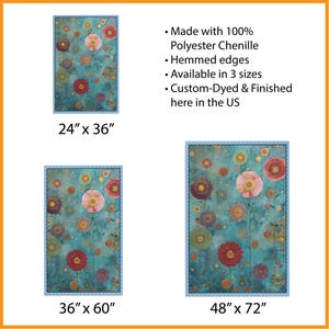 May include: Floral art print in shades of teal, red, pink, and gold. The artwork features a variety of stylized flowers with a blue border. The print is available in three sizes: 24" x 36", 36" x 60", and 48" x 72". Made with 100% polyester chenille.