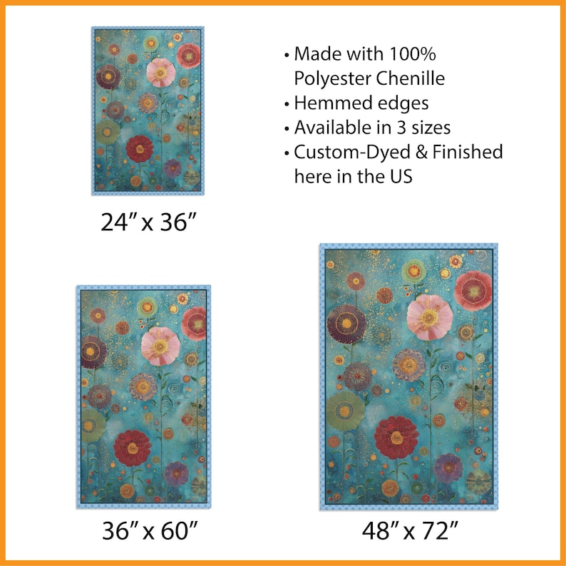 May include: Floral art print in shades of teal, red, pink, and gold. The artwork features a variety of stylized flowers with a blue border. The print is available in three sizes: 24" x 36", 36" x 60", and 48" x 72". Made with 100% polyester chenille.