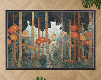 Art Nouveau Poppy Forest Area Rug, Mosaic Style Botanical Rug for Living Room, Maximalist Floral Floor Art, Moody Orange & Teal Home Decor