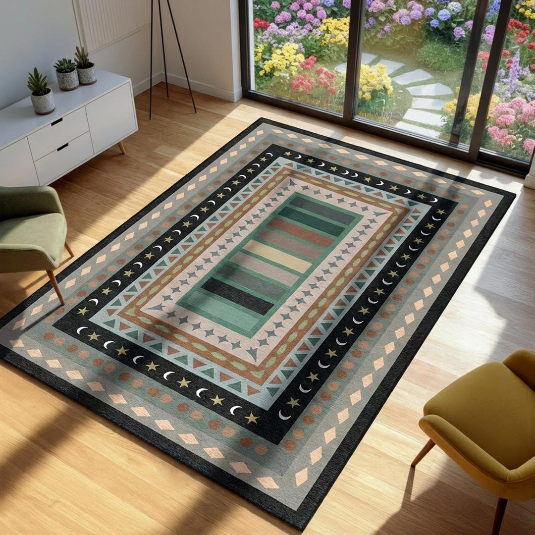 Astral Rug Pattern Celestial Moon and Stars Area Rug, Geometric Boho Carpet, Sage Green ...