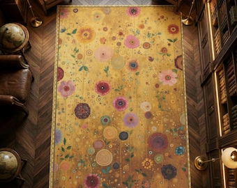Yellow Art Nouveau Floral Carpet, Maximalist Boho Decor, Gustav Klimt Inspired Area Rug,  Abstract Flower Floor Mat, Artistic Home Gift