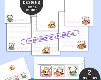 Cats with Chopsticks | Printable Stationery & Envelopes | PERSONALIZED | US Letter 8.5x11 in