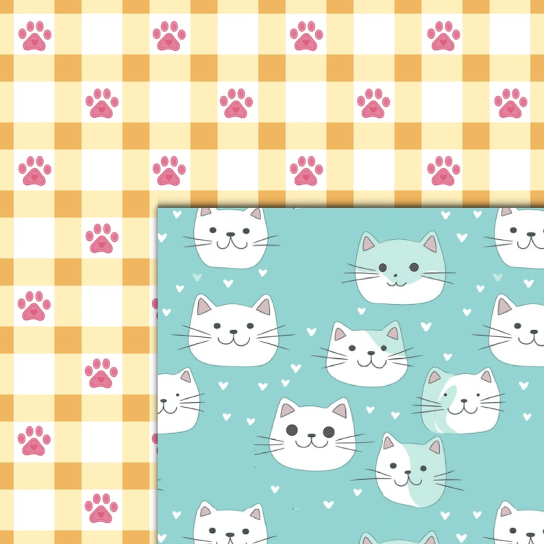 May include: Two seamless patterns, one with a yellow and white gingham background with pink paw prints and the other with a light blue background with white and light blue cat faces and white hearts.