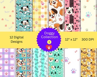 Dog Digital Paper Bundle | Set of 12 Cute Puppy Paper Designs | Collection 1