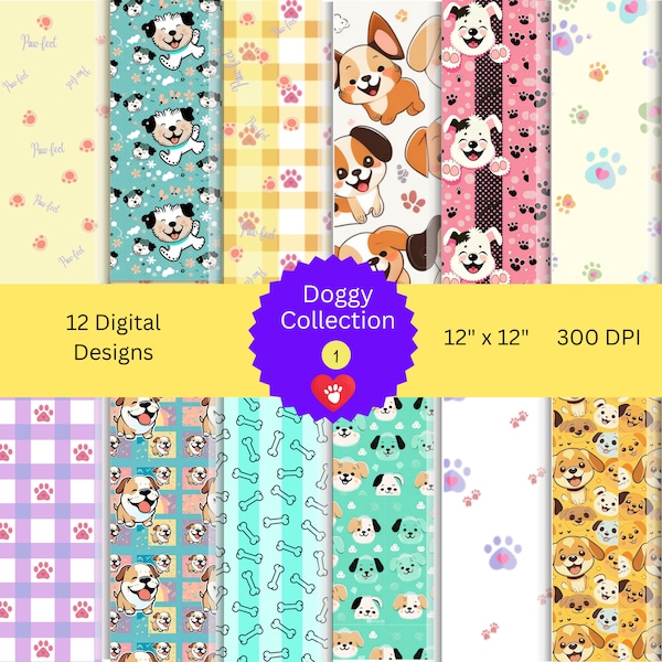 Dog Digital Paper Bundle | Set of 12 Cute Puppy Paper Designs | Collection 1