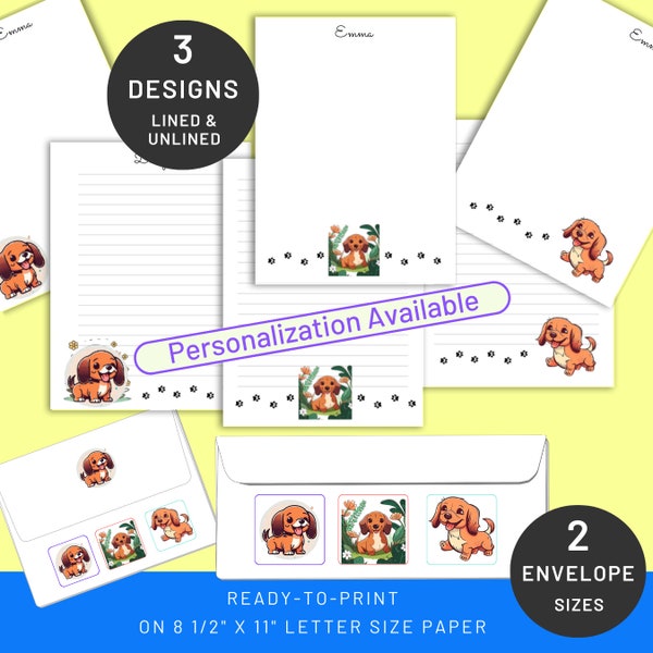 Dachshund Pups Printable Stationery & Envelopes | PERSONALIZED | US Letter 8.5x11 in