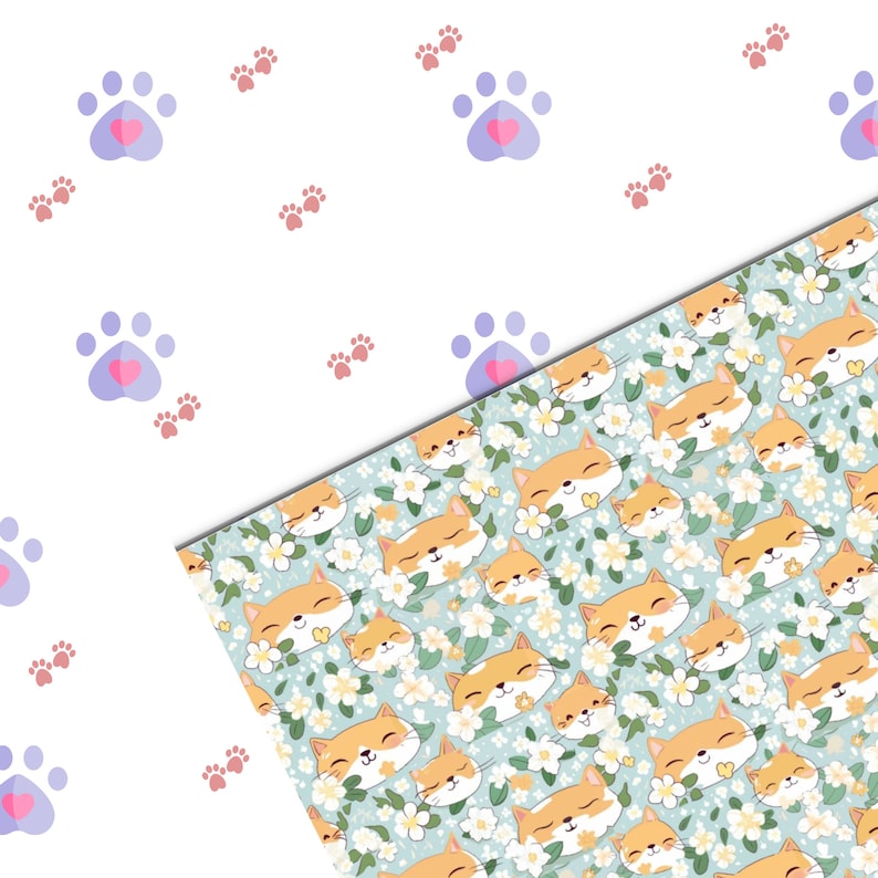 May include: A seamless pattern featuring a light blue background with white flowers and orange cats with closed eyes. The pattern is repeated throughout the image. The top half of the image is white with purple paw prints with pink hearts and pink paw prints.