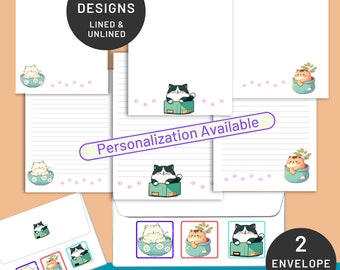 Cat Stationery & Envelopes Set – Personalized Printable (PDF)