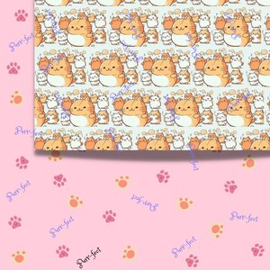 May include: A seamless pattern featuring a repeating design of orange and white cartoon cats with speech bubbles. The background is light blue. The pattern is perfect for fabric, wallpaper, or wrapping paper.