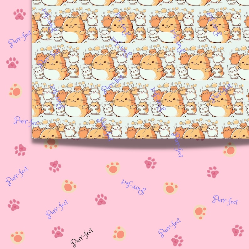 May include: A seamless pattern featuring a repeating design of orange and white cartoon cats with speech bubbles. The background is light blue. The pattern is perfect for fabric, wallpaper, or wrapping paper.