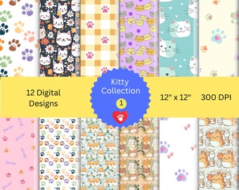 Cute Cat Digital Paper | Scrapbook Paper Set (12x12, 300 DPI) (Digital Download)