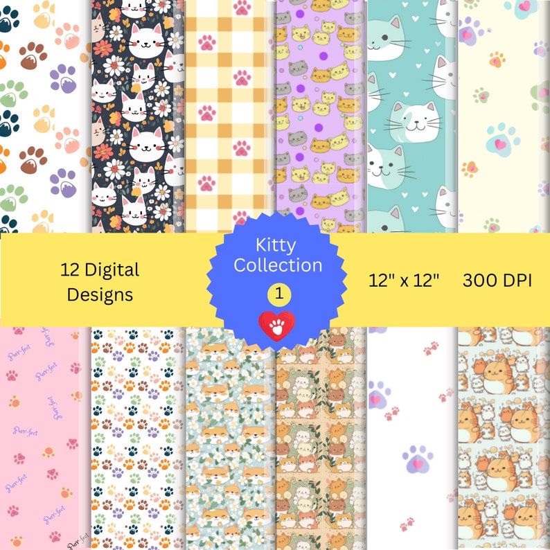 May include: A set of 12 digital paper designs featuring cute kitty cat illustrations. The designs include paw prints, gingham, floral patterns, and various kitty faces. The papers are 12 inches by 12 inches and 300 DPI.