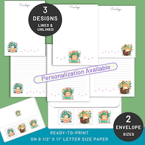 May include: Printable stationery set with 3 designs, including lined and unlined paper, featuring a cute cat in a flower pot. The set also includes 2 envelope sizes. The text "Penelope" is at the top of the paper and "Personalization Available" is in a red banner.
