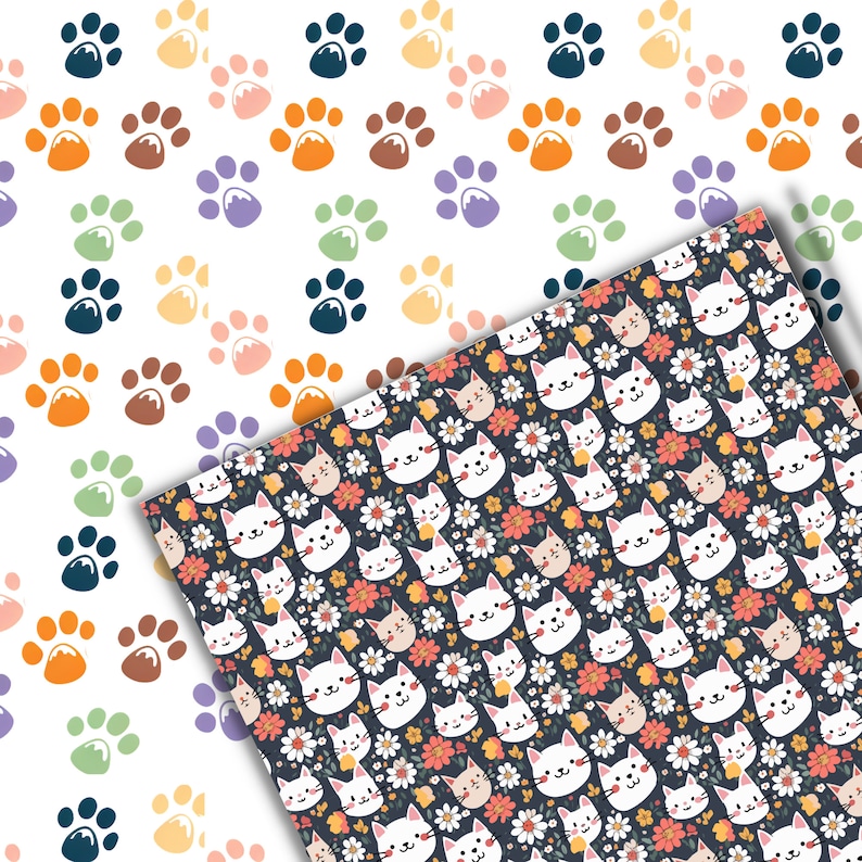 May include: A seamless pattern featuring white cats with pink noses and blue eyes on a dark blue background. The cats are surrounded by pink, yellow, and white flowers. The pattern is perfect for fabric, wallpaper, or wrapping paper.
