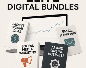 May include: A laptop displaying a graph, with four books in front. The books are labelled "Passive Income Ideas", "Social Media Marketing", "Email Marketing", and "AI and Online Business". The text "ELITE DIGITAL BUNDLES" is at the top.