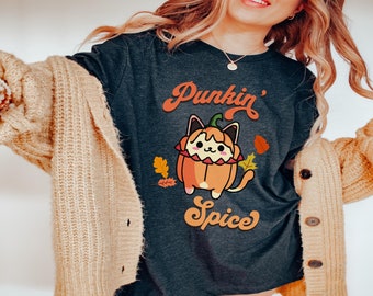 Pumpkin Spice Kawaii Katze T-Shirt, Frauen Herbst Bekleidung