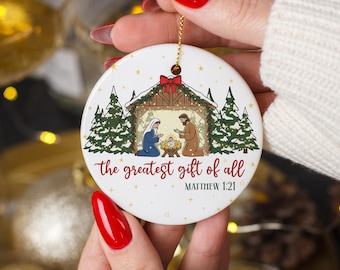Nativity Scene Ornament, Greatest Gift Of All Jesus Gift, Cozy Forest Christmas Decor