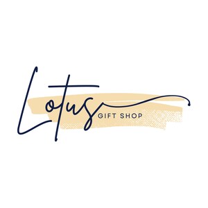 May include: A logo for a gift shop called "Lotus Gift Shop". The logo is a handwritten script font in navy blue with a beige brushstroke behind it.