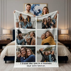 May include: White fleece blanket featuring a collage of six photos of smiling women. The blanket has the text "A friend like you is a treasure that lasts forever" in black script at the bottom. The blanket is held up by a man and a woman.