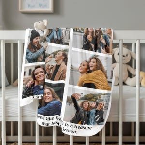 May include: White fleece blanket featuring a collage of photos of smiling women. The blanket has a grid pattern with various images of friends. Text on the blanket reads "A friend like you that lasts is a treasure forever."
