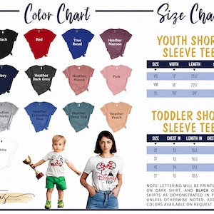 May include: Color chart showing various t-shirt colors, including black, red, true royal, heather maroon, navy, heather dark grey, heather mauve, pink, heather athletic, heather columbia blue, heather deep teal, heather peach, and white. Size chart for youth and toddler short sleeve t-shirts with measurements in inches.  Note: Lettering will be printed white on dark shirts, and black on light shirts as demonstrated in pictures, unless otherwise noted. Additional colors available on request.