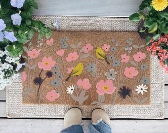 Floral Door Mat, Wildflower Bird Welcome Doormat, Front Porch Entry Rug, Garden Nature Doormat, New Home Decor