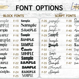 May include: Image showcasing font options, including block and script styles. Each font is displayed with the word "Sample" to demonstrate its appearance. The image is divided into two sections, one for block fonts and one for script fonts.